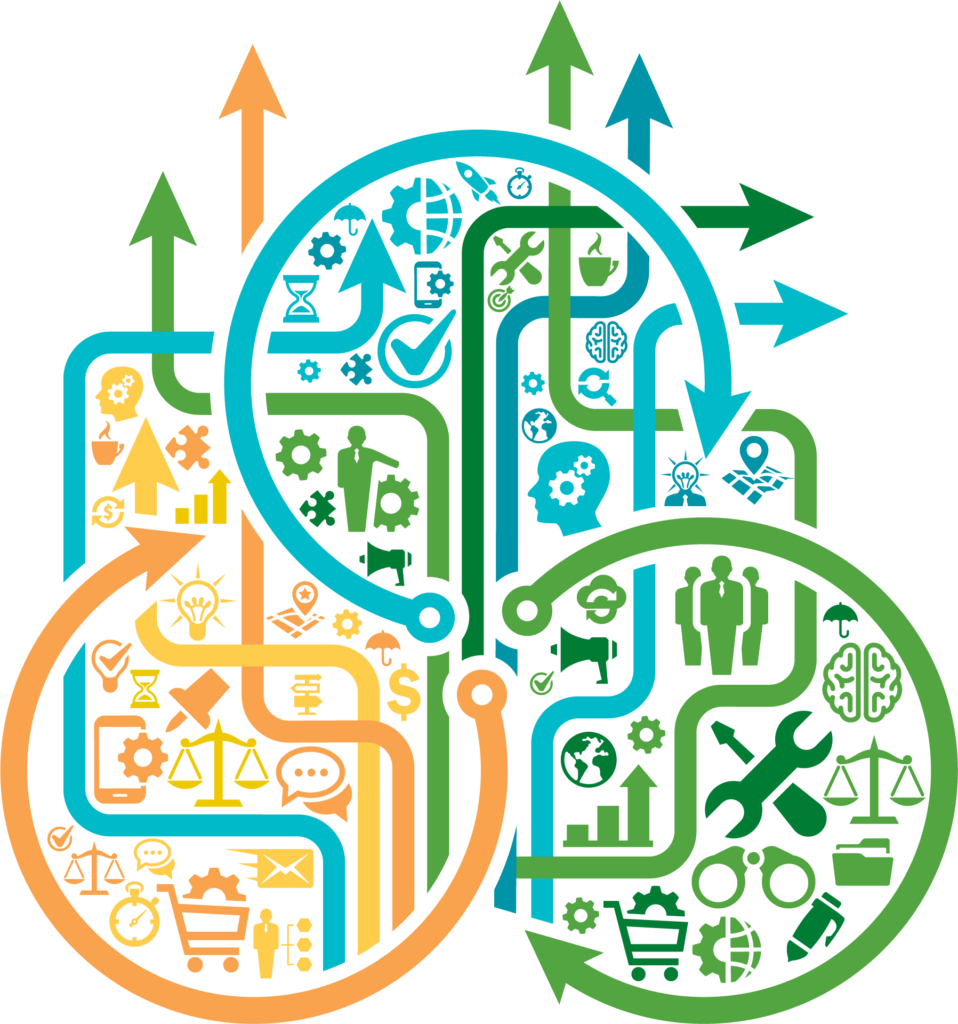 Conceptual illustrations showing the use of tools and technology.