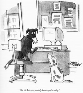Dog using computer talking to another dog. The caption reads, "On the Internet, nobody knows you're a dog."