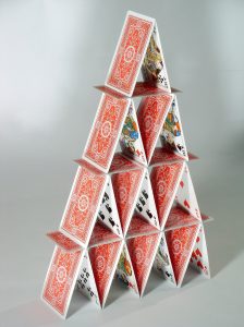 Playing cards assembled to look like a house.