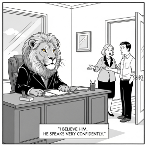 A Convincing LLM Comic - A lion is in an office chair while workers admit that they believe him because he speaks very confidently.